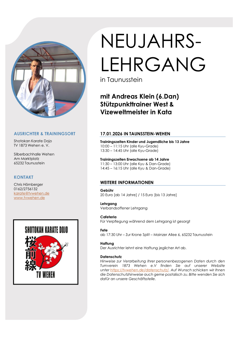 NEUJAHRSLEHRGANG in Taunusstein mit Andreas Klein (6.Dan) Stützpunkttrainer West & Vizeweltmeister in Kata